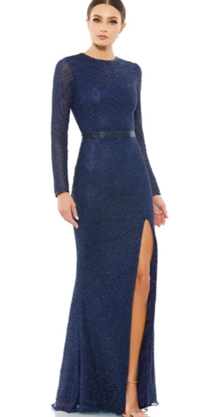 Mac Duggal Beaded High Neck Long Sleeve Gown Detailed Belt Sequin 2
